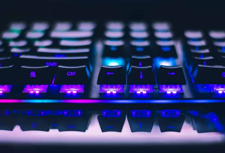 A futuristic gaming keyboard glowing with vibrant RGB backlighting, perfect for the Halo Infinite gaming experience.