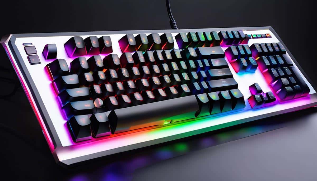 A futuristic-looking RGB keyboard with glowing keys, ready for gaming action