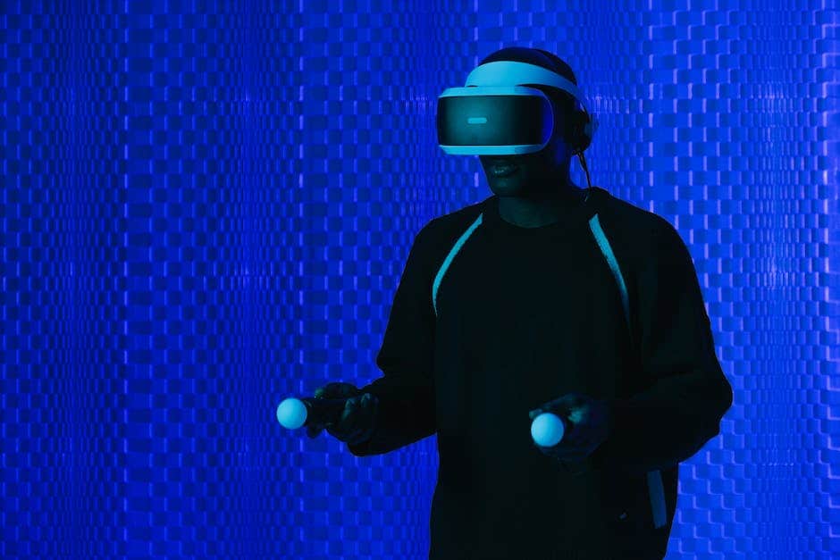 Image of a person wearing a VR headset and holding game controllers, fully immersed in a virtual reality game.